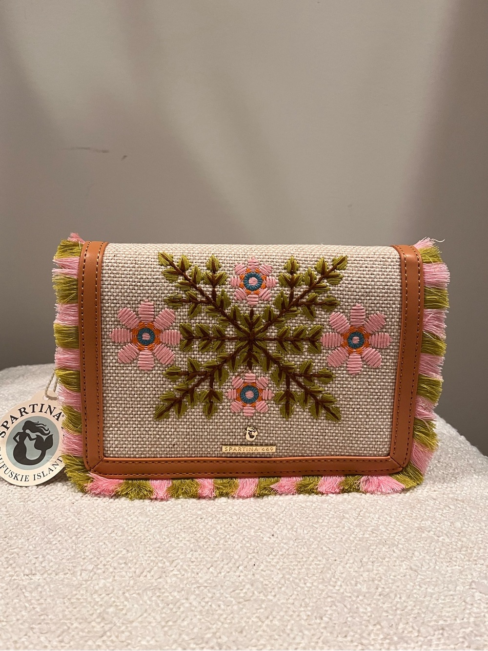 Spartina 449 Floral Embroidered Straw Crossbody Clutch Purse